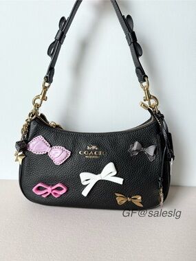 NWT Coach Teri Shoulder Bag Black Pebble Leather Bow Charm Set CDY93